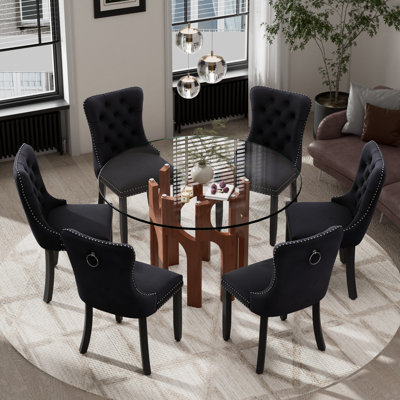 Ensemble de table de salle à manger ronde en verre avec base géométrique et chaises en velours 4/6 pour les petits espaces, la salle à manger et la cuisine