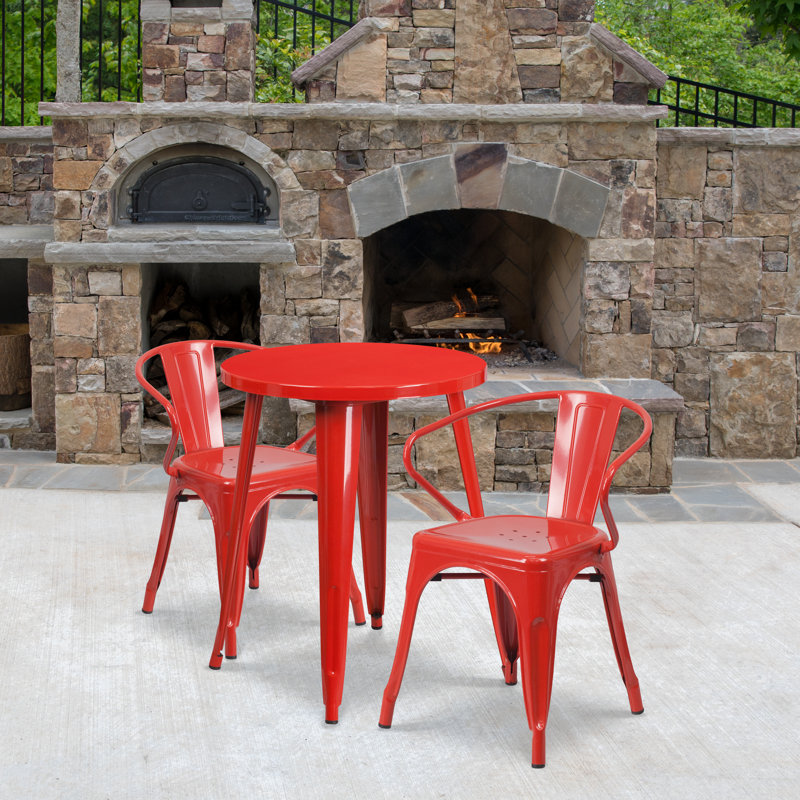 Duluth 30'' Round Metal Indoor-Outdoor Table Set with 2 Arm Chairs, 29.50" H x 30" W x 30" L, Red