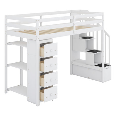 Wooden Loft Bed With Storage Drawers And Stairs, Shelves