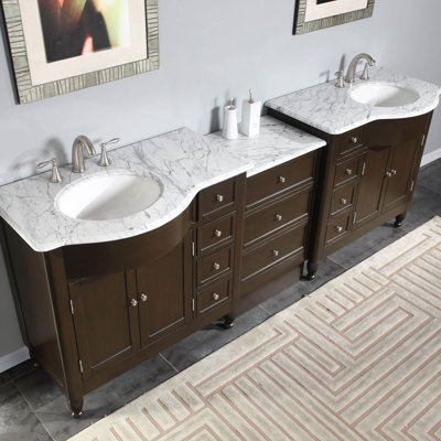 91" Modular White Bathroom Vanity Double Sink Cabinet Marble Stone Top