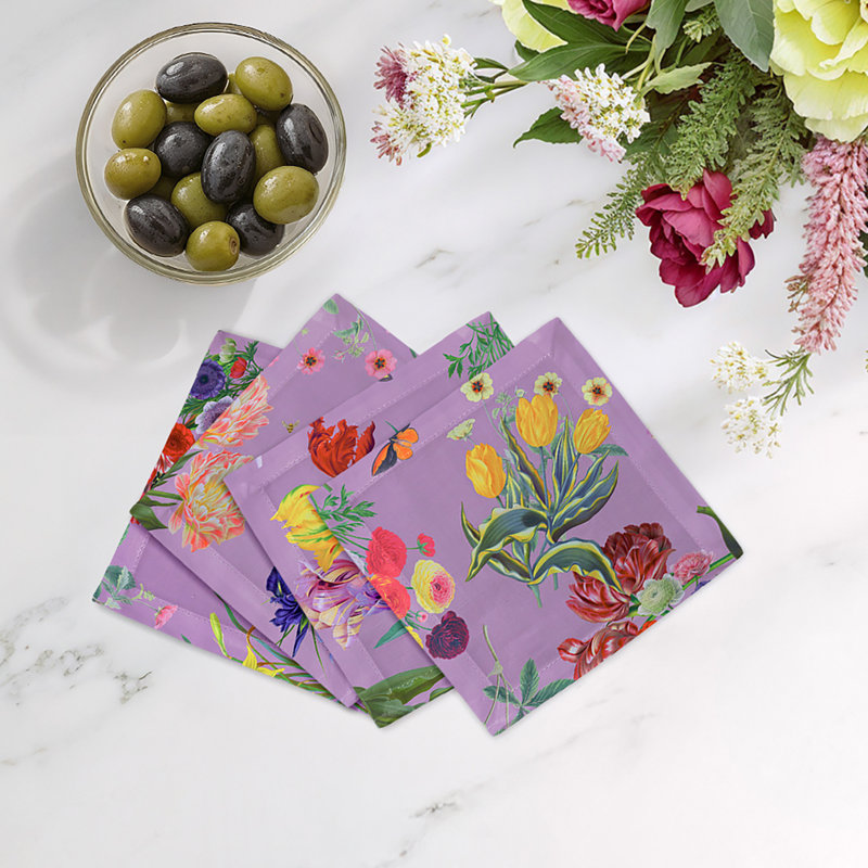 Flora Fauna Cotton Sateen Cocktail Napkins, Orchid