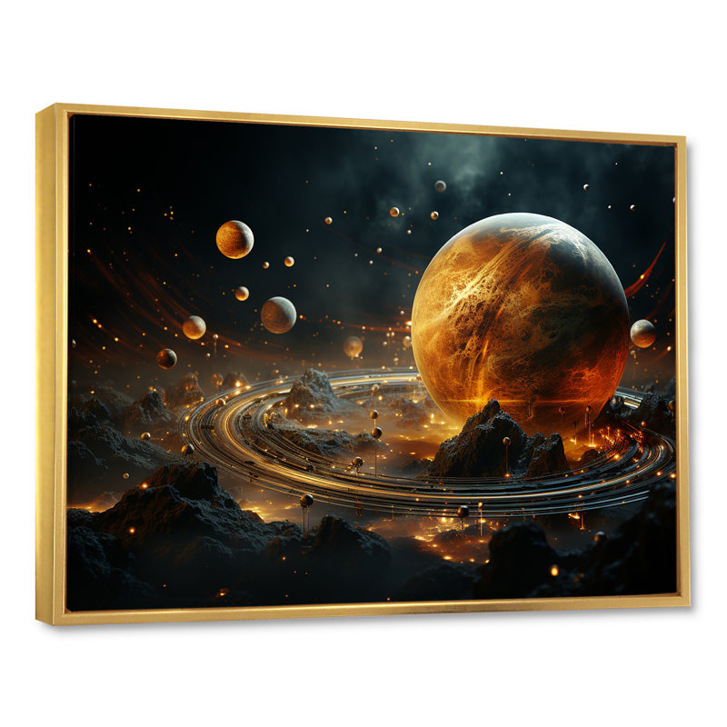 Art mural mural jaune et noir avec ceinture d'astéroides IV, Cadre flottant doré, H 34 po x l 44 po x P 1,5 po