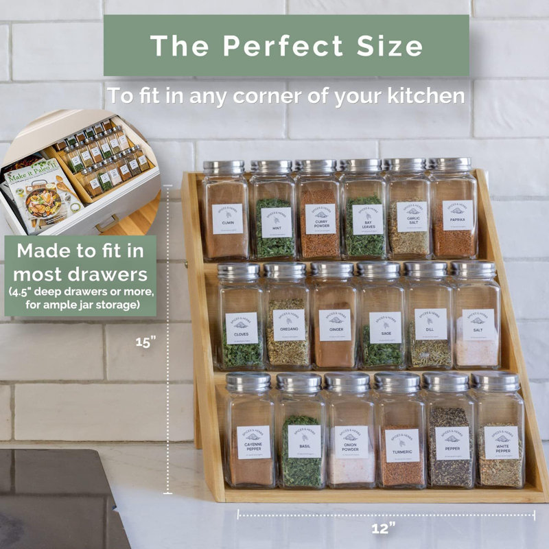 Bamboo 3-Tiered Spice Rack, Space-Saving Organizer For Countertop, Drawer, And Cabinet