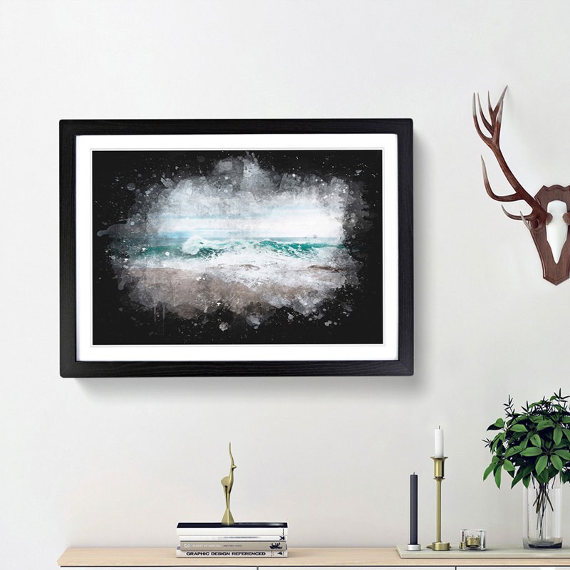 Beach In Santa Cruz California Paint Splash - Framed Print, 62cm H x 87cm W x 2cm D, Black Framed