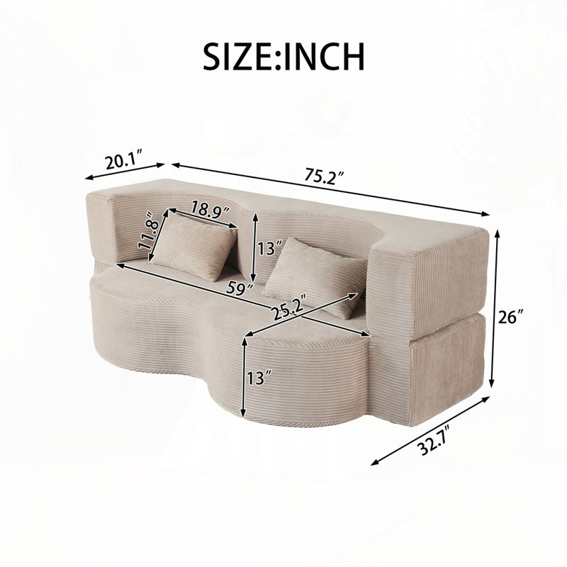 Canapé-lit pliant sans dossier de 75 pouces convertible en mousse à mémoire de forme, Brun clair beige