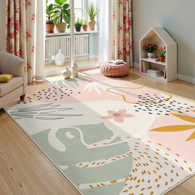 Tapis lavable à la machine à imprimé floral Kaldi avec envers antidérapant pour salon, salle à manger et chambre à coucher