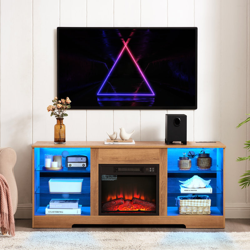 Electric Fireplace Tv Cabinet, 3D Flame, Adjustable Led Lights, , 58''W For 32 - 62" Tvs, Oak Stand With & Led, Port, Finish