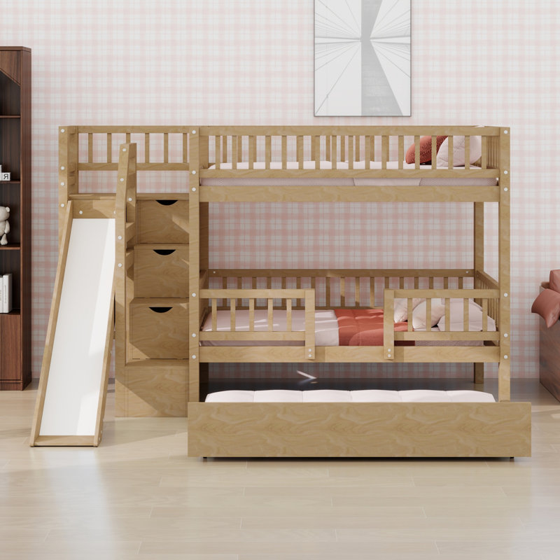Lit superposé peu encombrant, glissière de jeu pratique avec escalier et lit gigogne, Walnut