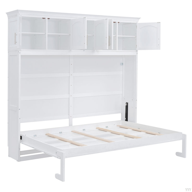 Murphy Bed Wall Bed With Top Cabinets, White, Queen