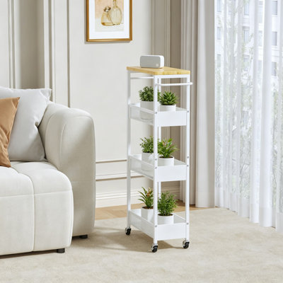 Slim Rolling Storage Cart With 4 Tier Metal Frame And Wood Top, Narrow Mobile Organizer Cart With Locking Wheels For Laundry Room, Bathroom, Kitchen And Small Spaces