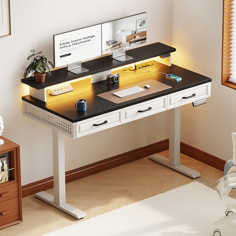 Bureau debout à hauteur réglable avec 3 tiroirs Woodend, prises de courant et lumières DEL Yaelin Home Office, Noir / blanc
