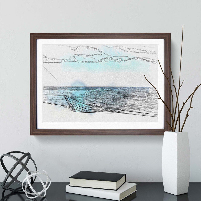 Blue Boat upon the Beach in Abstract - Picture Frame Drawing Print, Walnut Framed, 62cm H x 87cm W x 2cm D