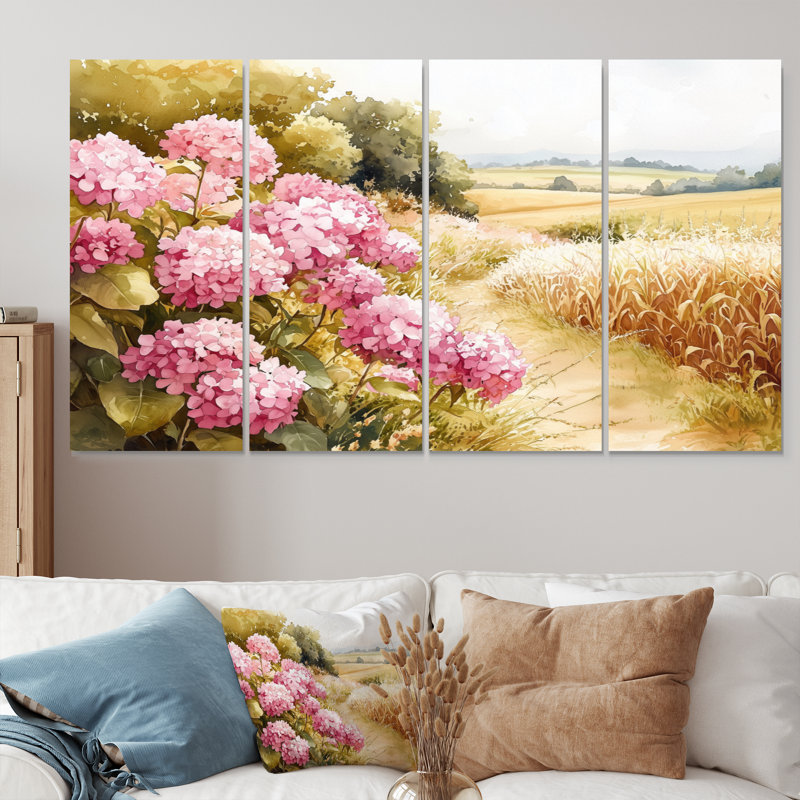 Hortensias dans le champ de maïs - Art mural hortensia - Art mural traditionnel, H 32 po x l 64 po, 4