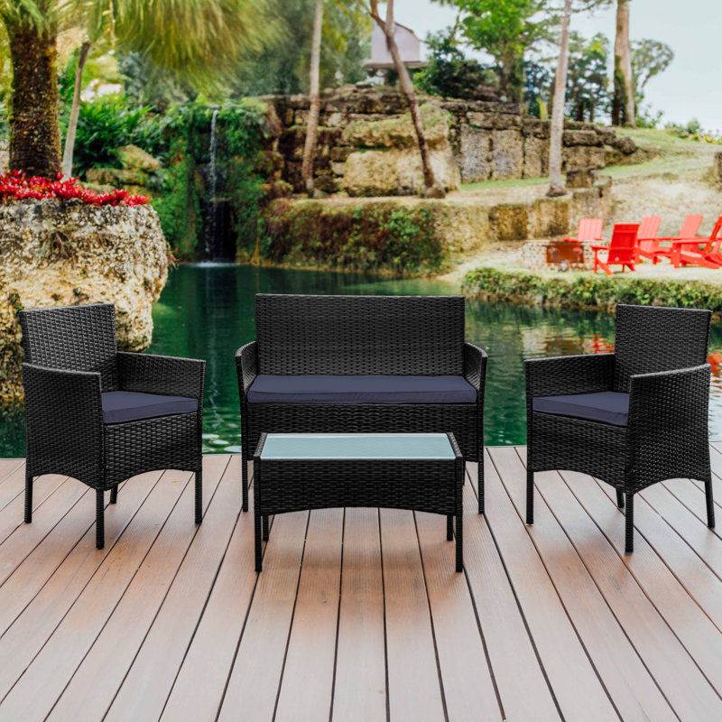 4-Person Outdoor Patio Conversation Seating Set, Brown Frame/Navy Blue Cushion