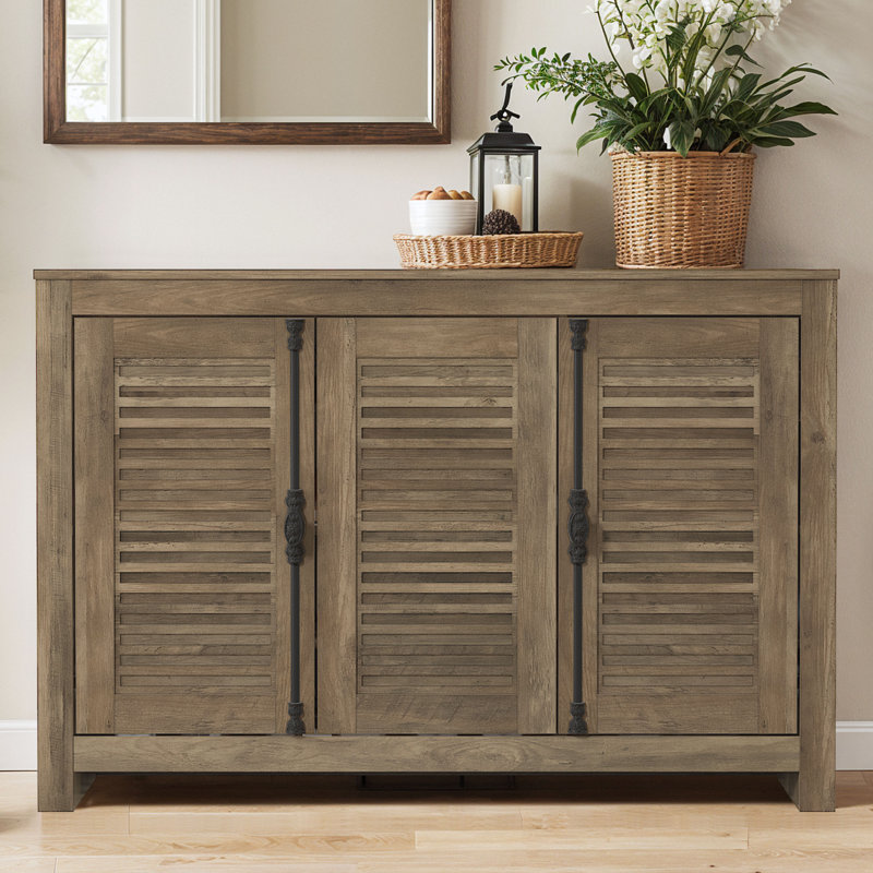 Malyha Farmhouse Louvered 3 Door Shoe Cabinet, Knotty Oak