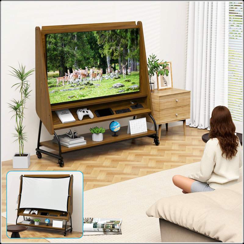Meuble télé mobile réglable avec support pour téléviseurs de 32 à 50 pouces, écran de projecteur et prises de courant - Fabrication en bois aggloméré