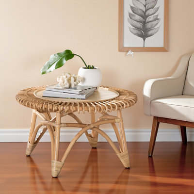 Bay Round Table Top Bohemian Style Natural Rattan Coffee Table, 17.66" H X 30.78" W X 30.74" D
