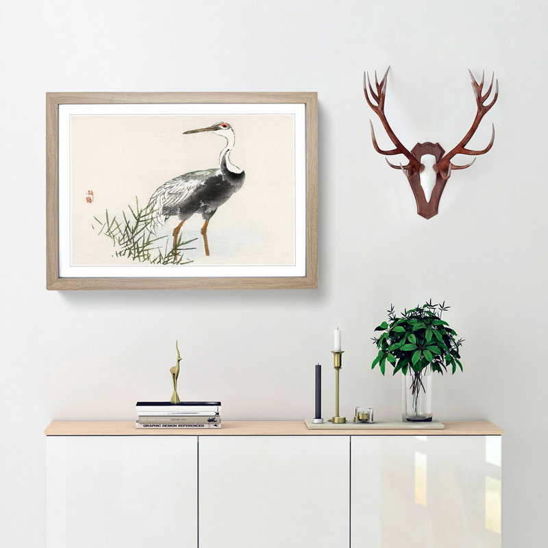 A Crane by Kono Bairei - Picture Frame Painting Print, Oak Framed, 62cm H x 87cm W x 2cm D