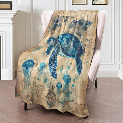 Couverture en flanelle 50 x 60 po, tortue de mer bleue et méduse sur une carte du monde nautique rétro