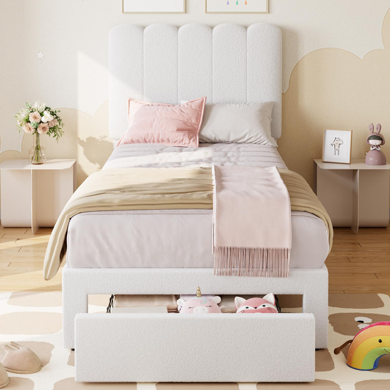Structure de lit simple tapissier avec tiroir de rangement et tête de lit, plateforme à profil bas pour enfants, Beige