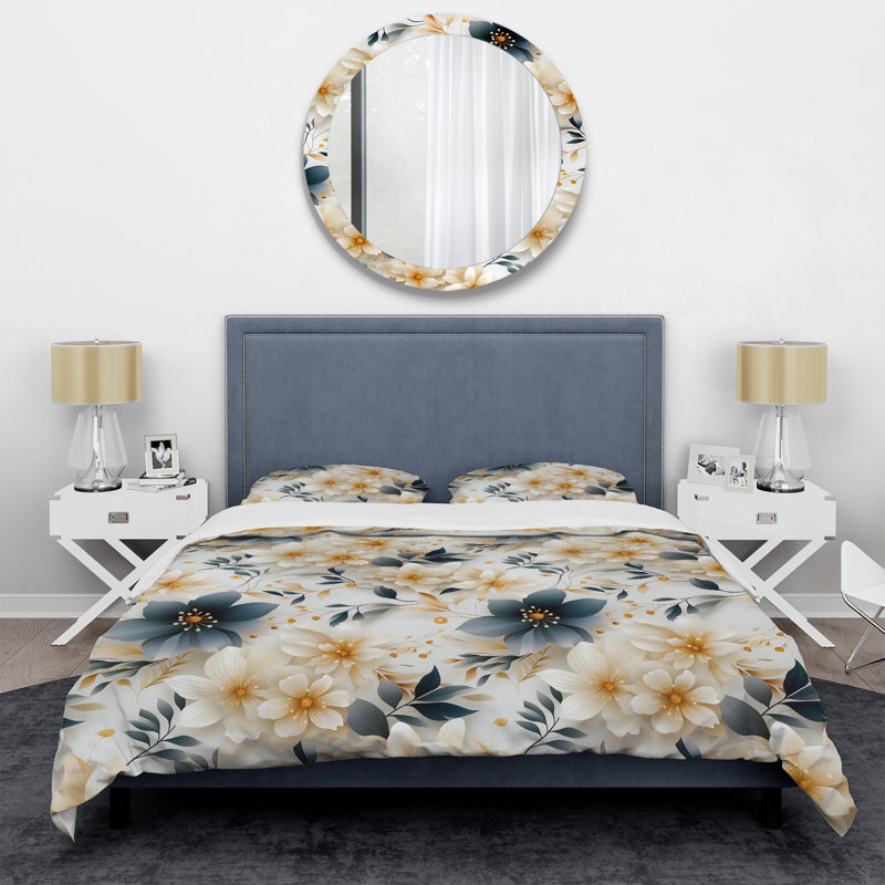 Motif bohème bleu et blanc fleurs de chrysanthème - ensemble de housse de couette floral - microfibre de polyester