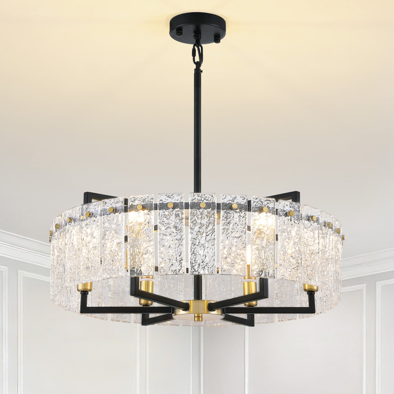 Friedhardt 6-Light Dimmable Drum Chandelier with Textured Glass, Black, 9.44" H × 23.62" W × 23.62" D