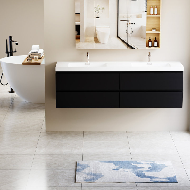 72" Floating Bathroom Vanity With Sink, Noir, noir, noir, noir