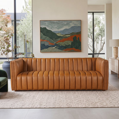 Arkadius 86.2'' Genuine Leather Channel Tufted Couch