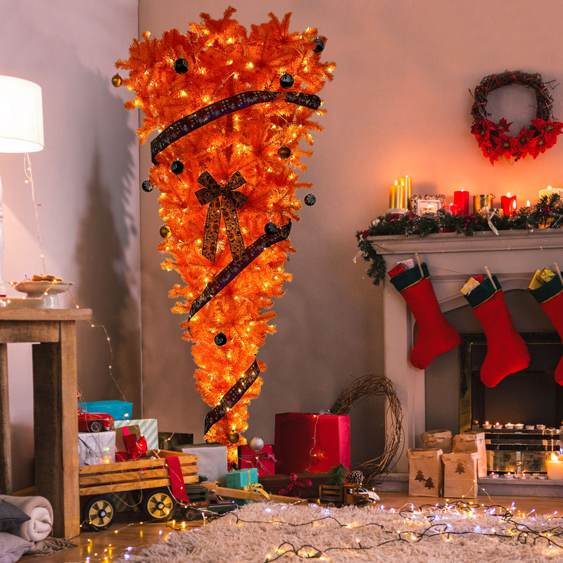 7,5 pi Arbre de Noël orange à l'envers avec 300 lumières chaudes à DEL, décorations d'Halloween et ruban de satin