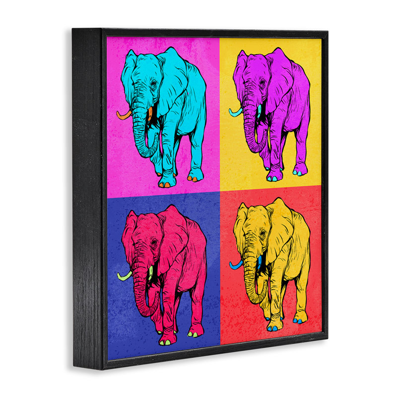 «Bold Pop Elephants», art de la giclée encadrée par Ziwei Li, H 12 po x l 12 po, Giclée encadrée noir minuit