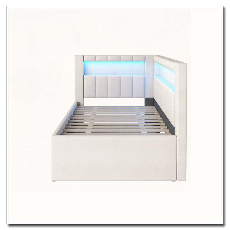 Upholstered Daybed with USB Ports and LED Belt, With Trundle, Twin, White