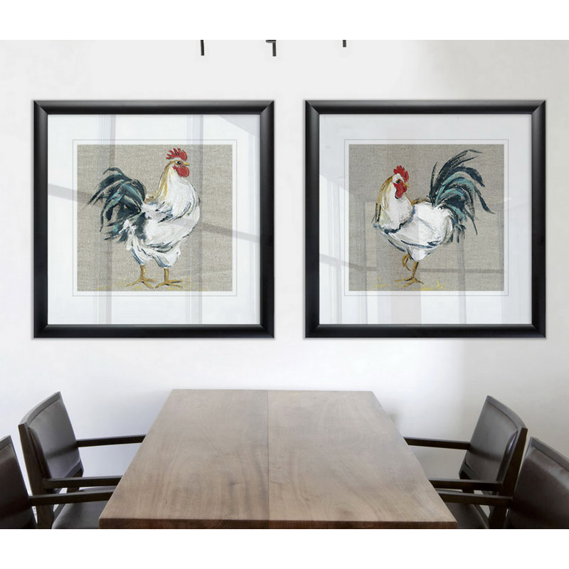 Linen Rooster I - ensemble de 2 reproductions de cadres photo, Cadre noir