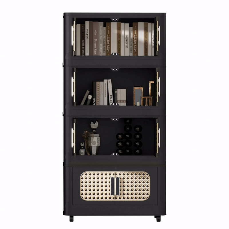 5-Tier Folding Plastic Storage Cabinet with Wheels & Magnetic Doors, Black