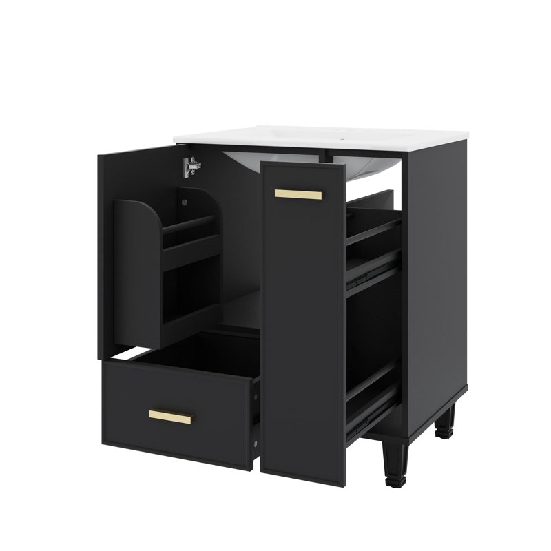 Meuble-lavabo de 24 po avec évier - offre un support de porte et un panier à deux niveaux, Noir