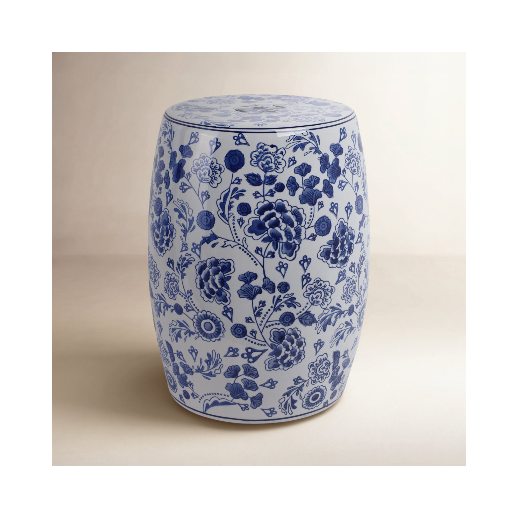 Ceramic Hydrangea Chinoiserie Stool - Elegant Blue and White 18-inch Garden Accent Piece
