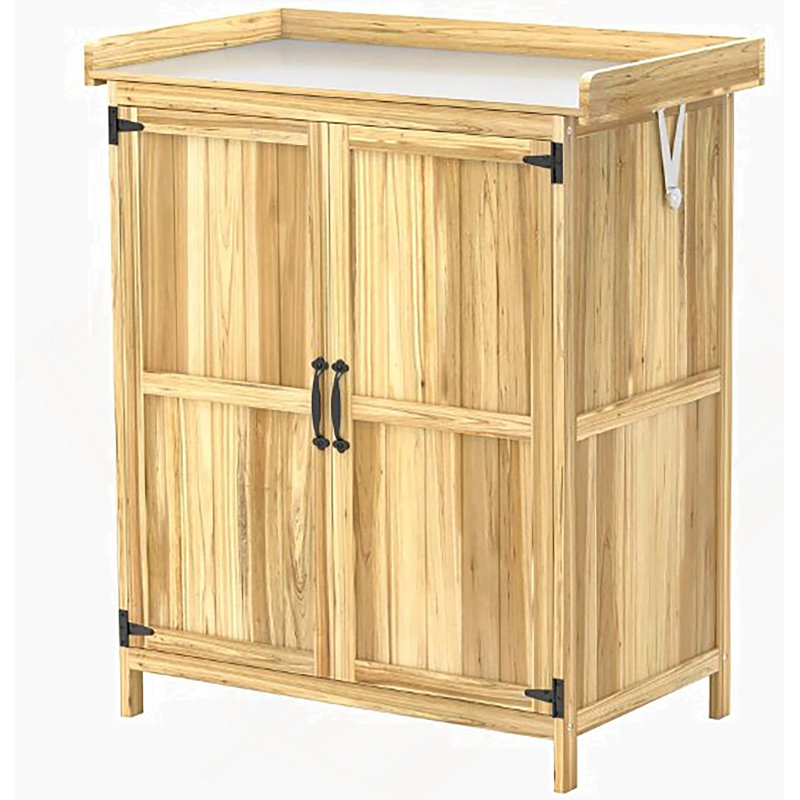 Outdoor Storage Cabinet With Shelf And Metal Tabletop, Natural Wood