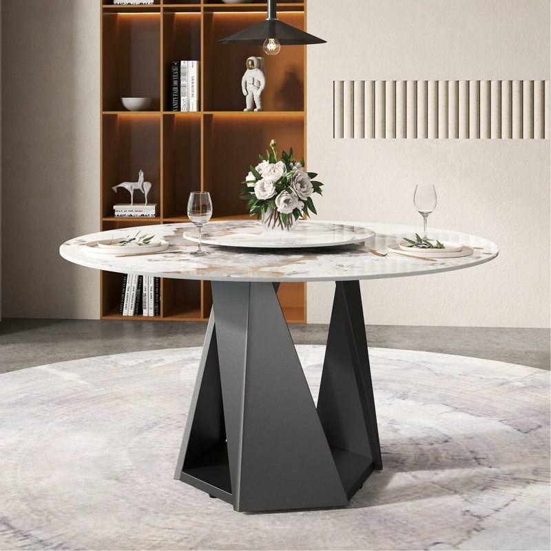 Table de salle à manger en pierre frittée blanche 53 po, base ronde en métal noir, 6 places, 23,62 po, table ronde en fer robuste et stable pour une utilisation à long terme