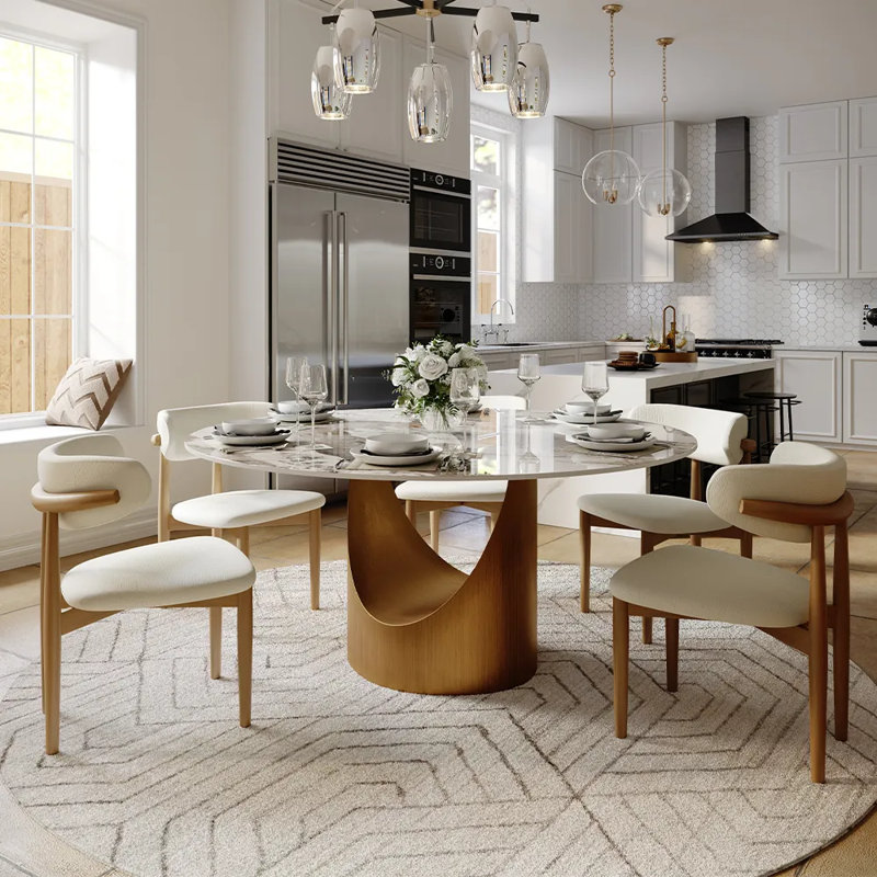 Modern 5/7 Pieces Dining Room Sets, Pre-Assembly Round Dining Table Sets, Sintered Stone Tabletop Kitchen Dining Table Set With Upholstered Chairs