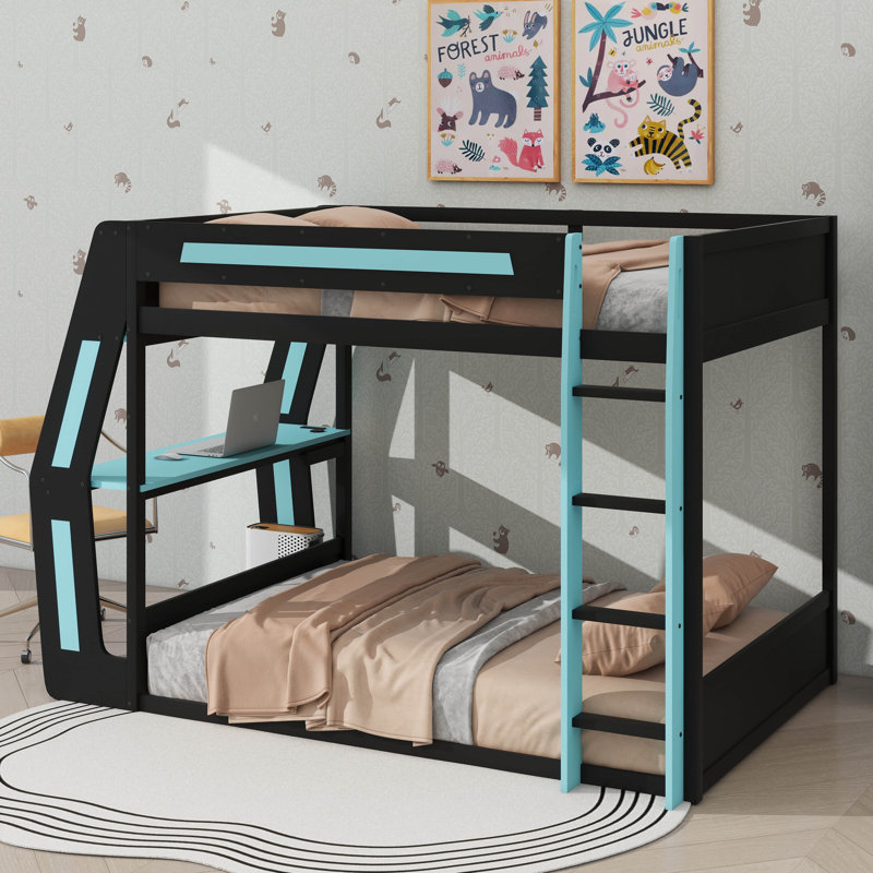 Lit double superposé double pleine grandeur avec bureau intégré, charge USB et gestion des câbles, cadre en bois avec bande lumineuse à DEL