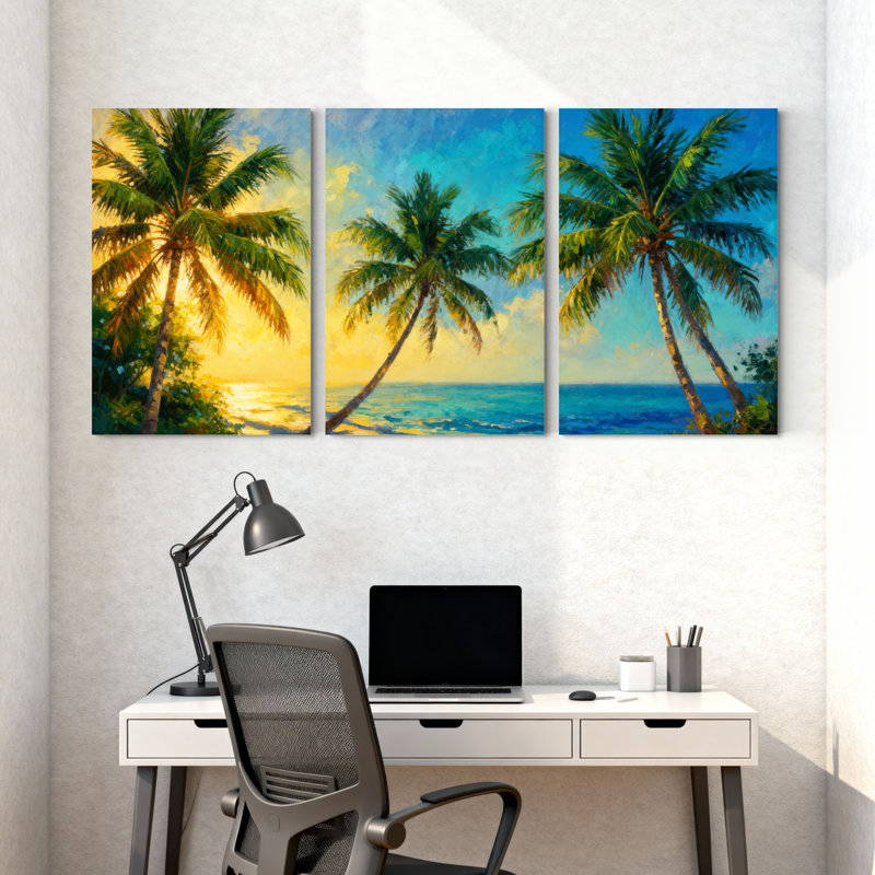 Palmiers, palmiers tropicaux, coucher de soleil, scène de plage, ensemble de 3 reproductions d'art sur toile