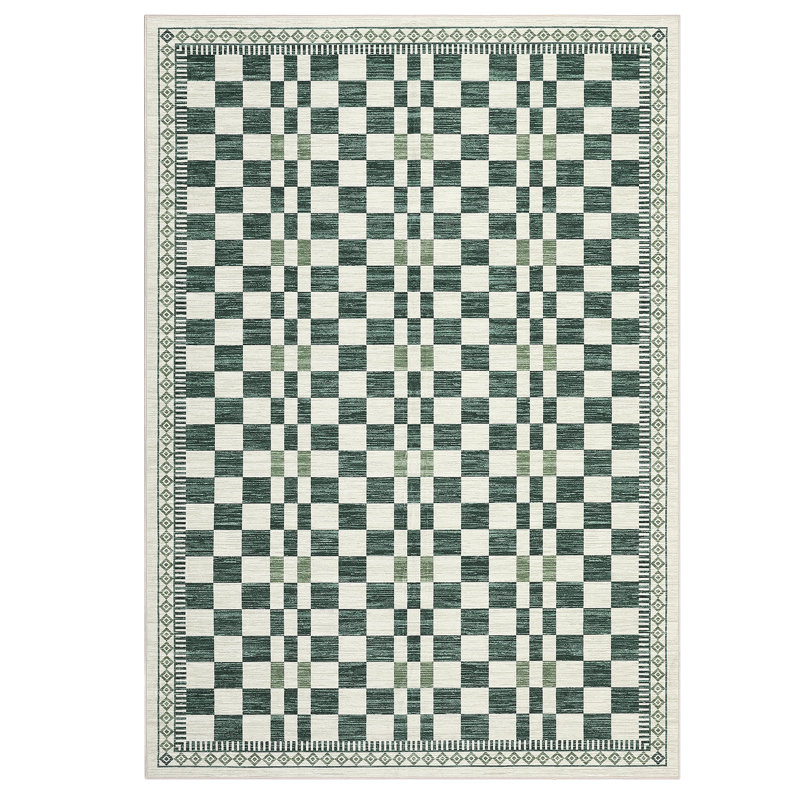Tapis à carreaux lavables pour le salon et la salle à manger, Green, Rectangle 5' x 7'