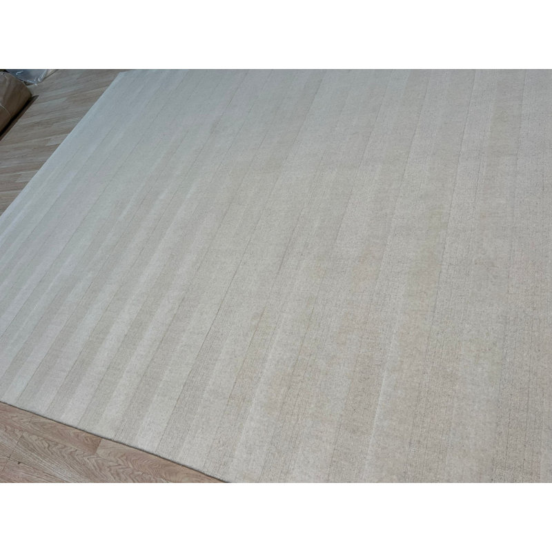 Ivory Hand-Knotted Wool Subtle Stripes Geometric Modern Contemporary Carpet Rug, 10' x 14'