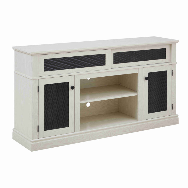 Meuble télé, console télé et média en relief avec espace de rangement ouvert et fermé et porte coulissante, Blanc