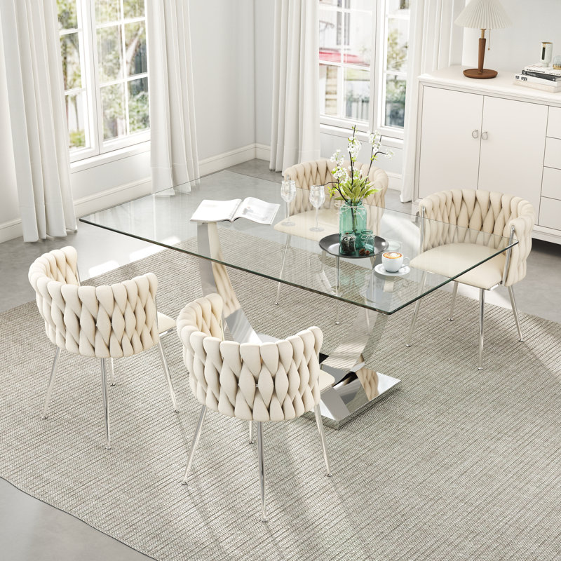 Rectangle Pedestal Dining Set with Woven Dining Chair, Beige, Silver
