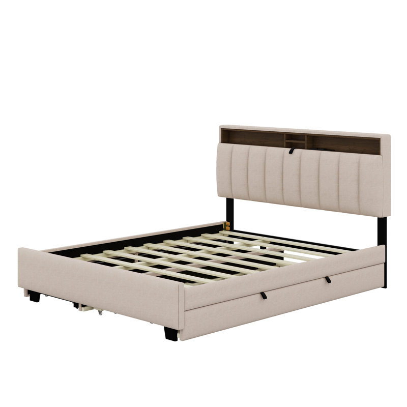 Lit plateforme tapissier avec tête de lit, gigogne et tiroirs de rangement, Beige, Grand lit