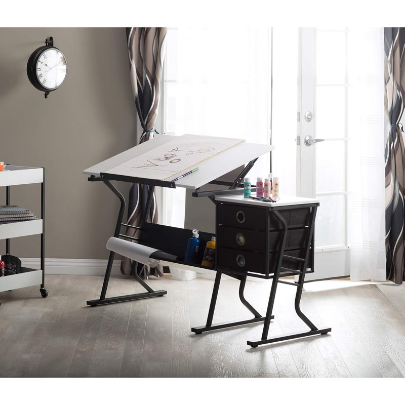 Studio Designs Eclipse Adjustable Drafting Table With Slide-Up Pencil Ledge, Under Desk Storage Shelf, And Included Padded Stool