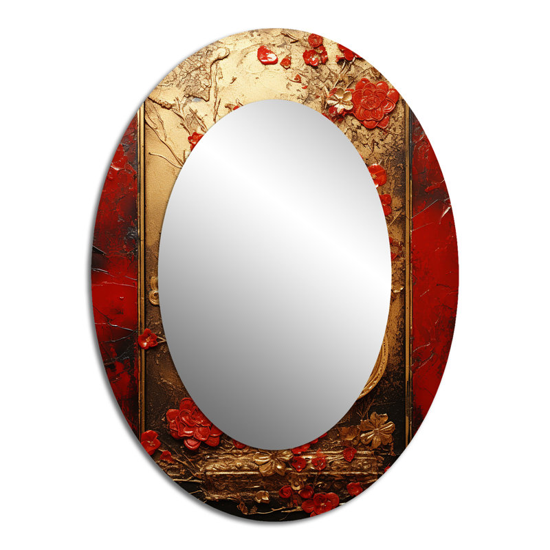 God And Red Floral Japanese Tiles III - Gold Oval Wall Mirror Decor, 40" H x 30" W