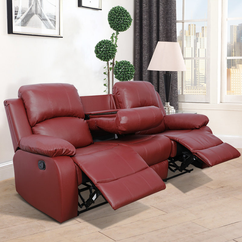 82'' Faux Leather Reclining Sofa, Red Faux Leather