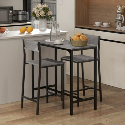 Space-Saving 3-Piece Counter Height Table and Stools Set, Cool Gray MDF with Metal Frame, Compact Breakfast Nook for Kitchen or Condo