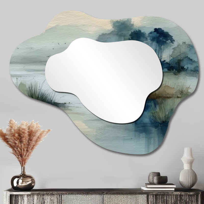 Miroir d'appoint rustique en forme de nuage - bleu et gris brumeux Morning River Run II, imprimé sur métal, 27 po x 35 po